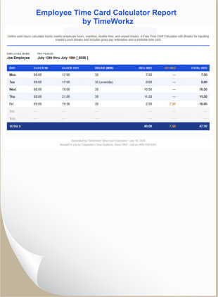Employee Time Card Calculator - Report by TimeWorkz