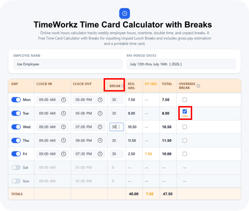 Time Card Calculator with Breaks